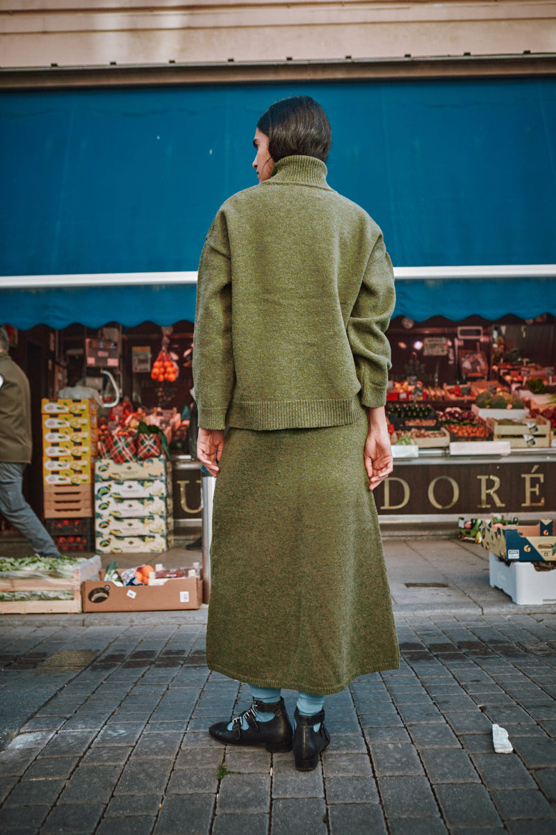 AUGUSTINE Flare Skirt in Merino Wool - Olive Green