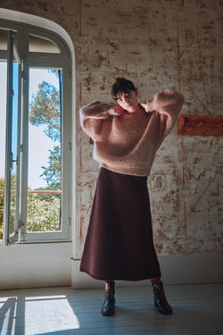 AUGUSTINE Flare Skirt in Merino Wool - Plum - 100% sustainable knitwear - Spanish Merino Wool Cardigan - L'Envers