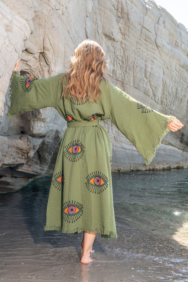 AZRA KHAKI EVIL EYE ORGANIC COTTON KIMONO