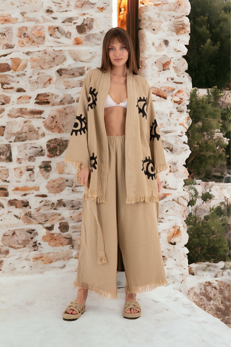 AZRA EVIL EYE KIMONO AND PANT SET IN ORGANIC COTTON MOCHA