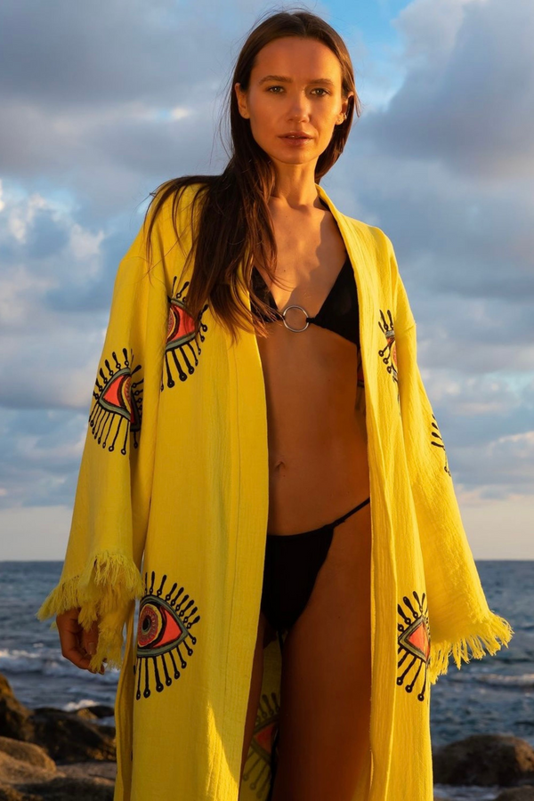 EVIL EYE COTTON KIMONO ROBE IN SUNRISE YELLOW