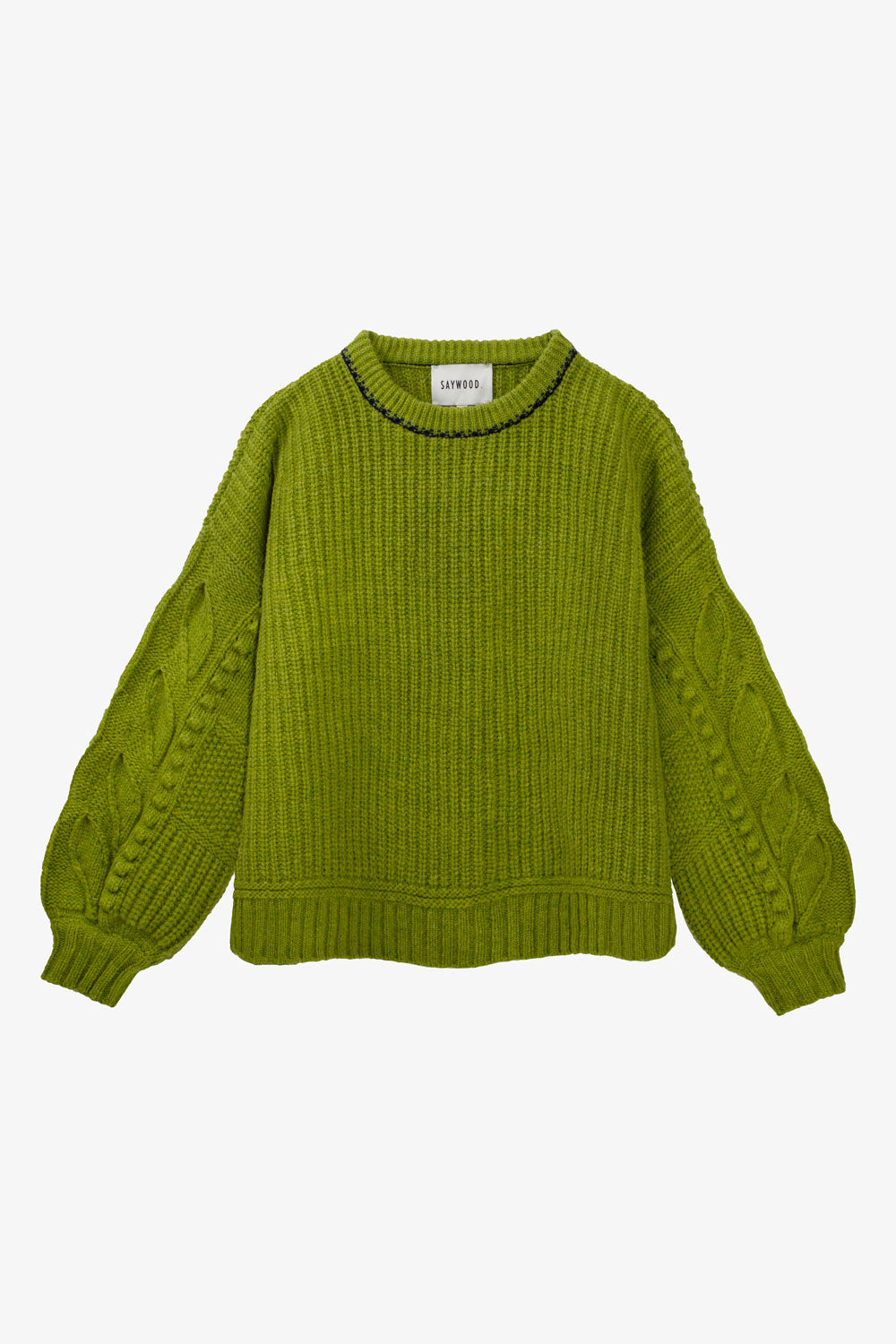 Green knitted fisherman rib sweater, with textured leaf design sleeves, on a white background