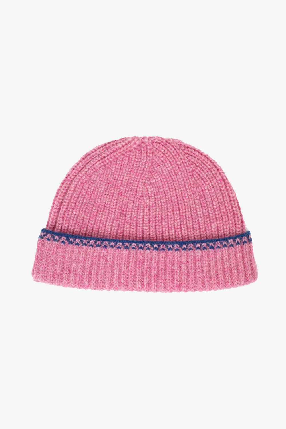 Pink lambswool and cashmere beanie laid flat, showing the ribbed knit, folded brim and blue crochet trim.