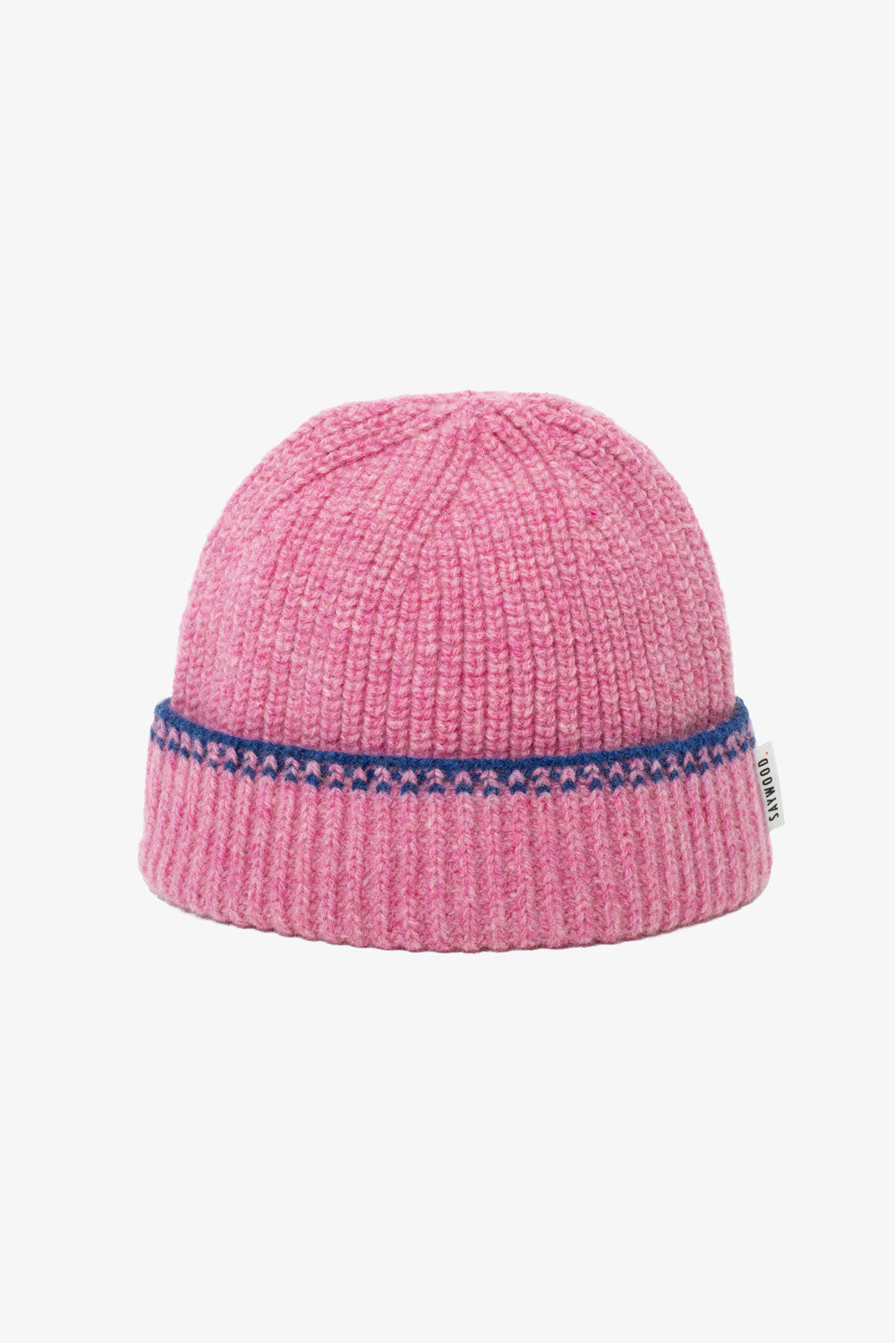 Pink Lambswool Cashmere Beanie Hat with blue crochet trim by Saywood, made in Britain