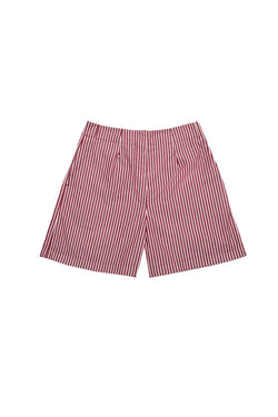 Women's A-Line Shorts in Cotton Berry Red Stripe. Saywood's Bessie A-Line Shorts, made in London, UK