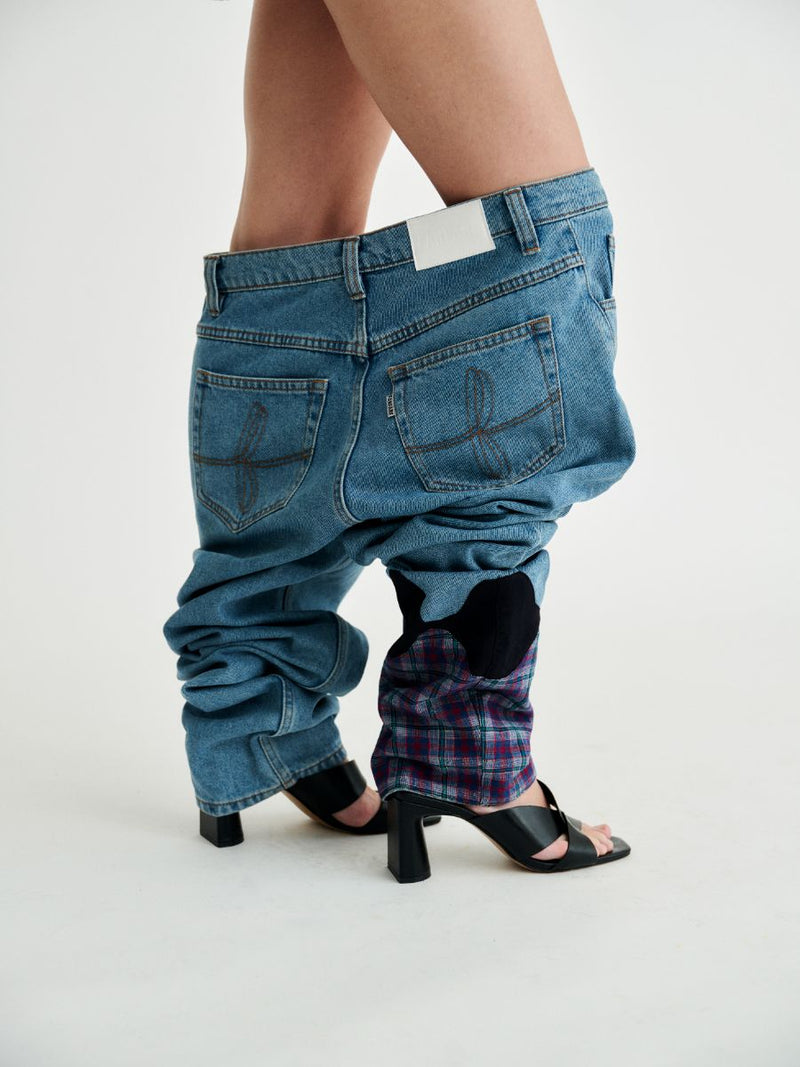 Bobby Melt Plaid High Waisted Organic Mom Fit Patchwork Jeans