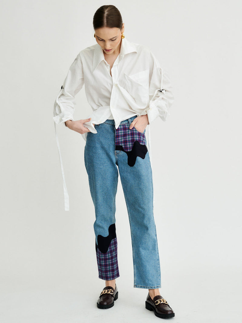 Bobby Melt Plaid High Waisted Organic Mom Fit Patchwork Jeans
