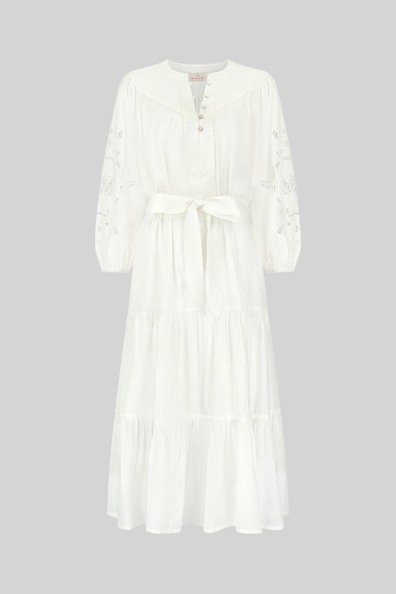 Flat shot front view of Bridget White Organic Cotton Embroidered Dress