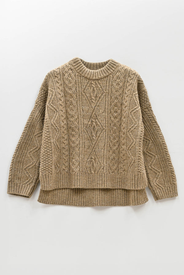 The Freyja British Wool Cable Sweater in Bronze Olive