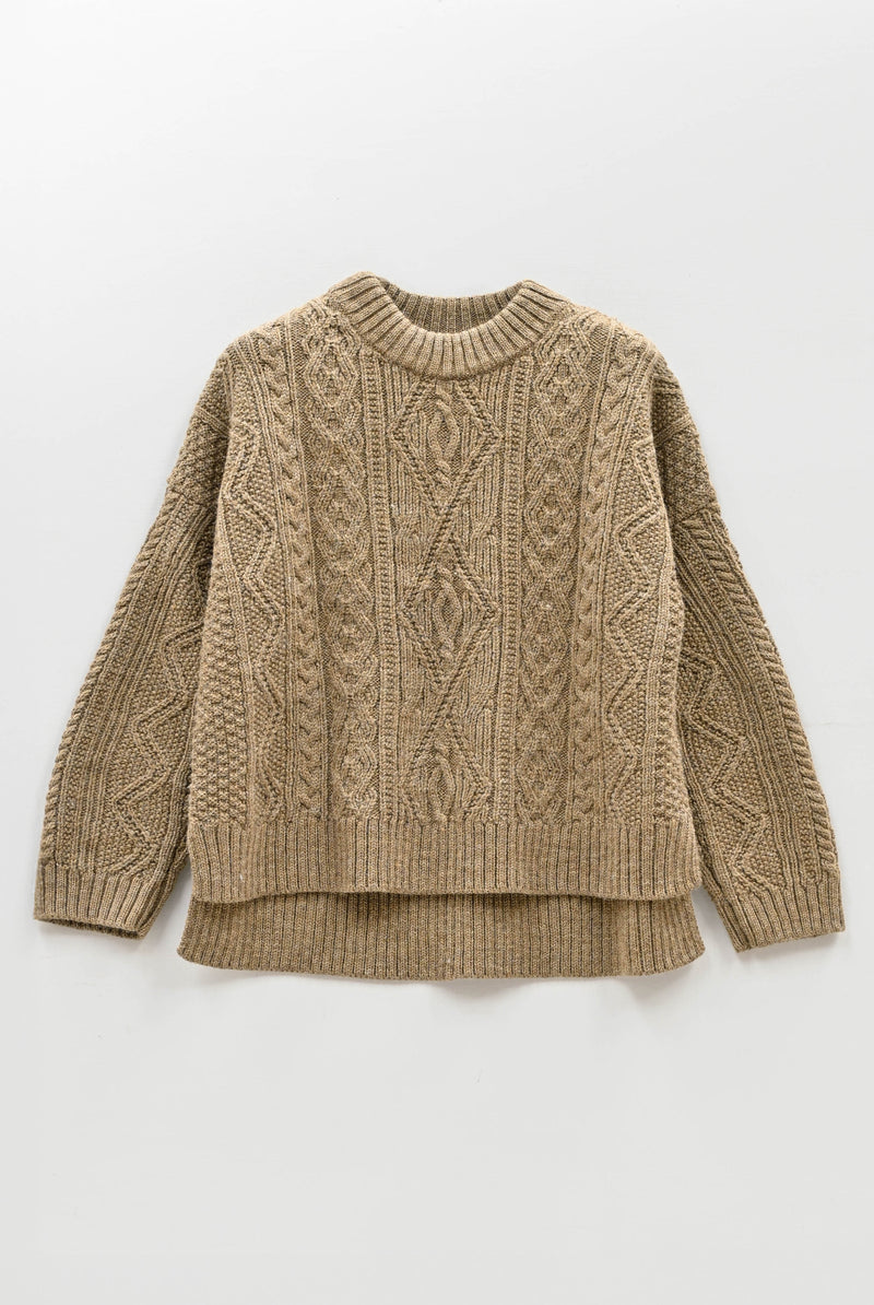 The Freyja British Wool Cable Sweater in Bronze Olive