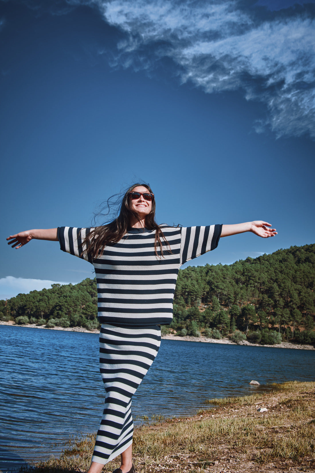 CECILE Straight Midi Skirt in Organic Cotton - Navy Blue and Off-white stripes