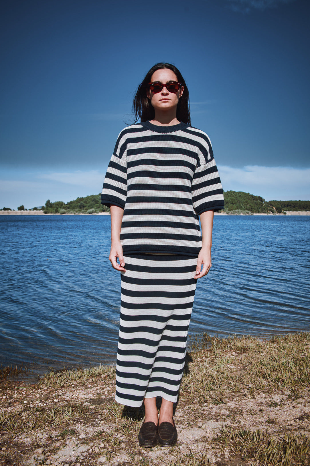 CECILE Straight Midi Skirt in Organic Cotton - Navy Blue and Off-white stripes - L'ENVERS