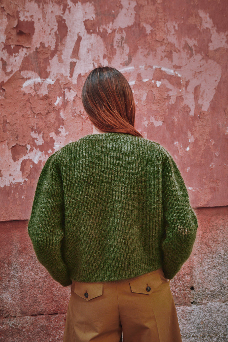 CHARLOTTE Round-Neck Cardigan in Merino-Mohair Wool - Olive Green