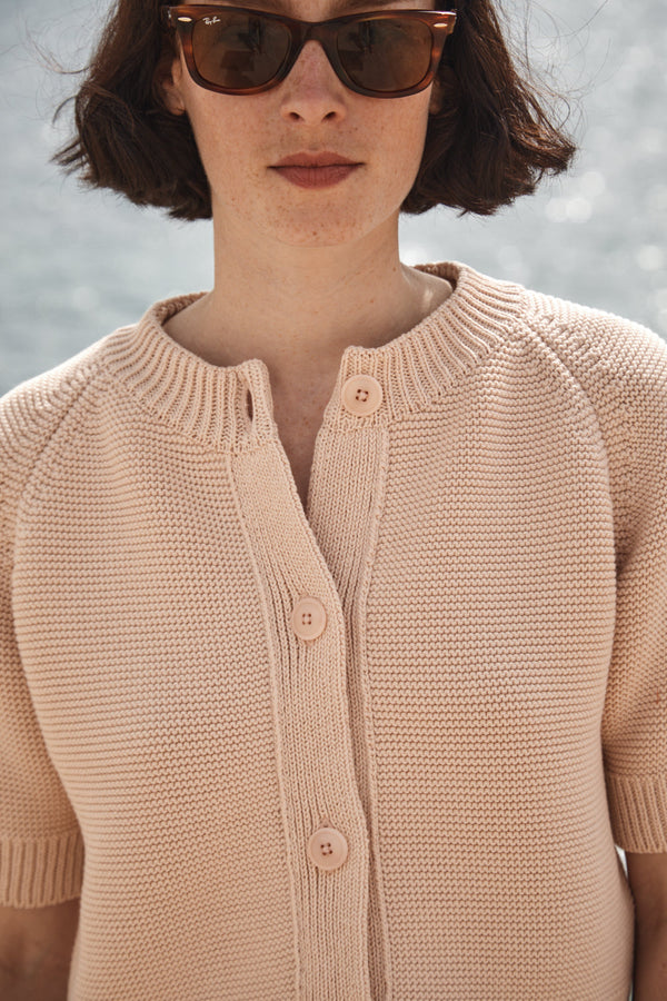 CLARISSE Short-Sleeve Cardigan in Organic Cotton - Powder Pink