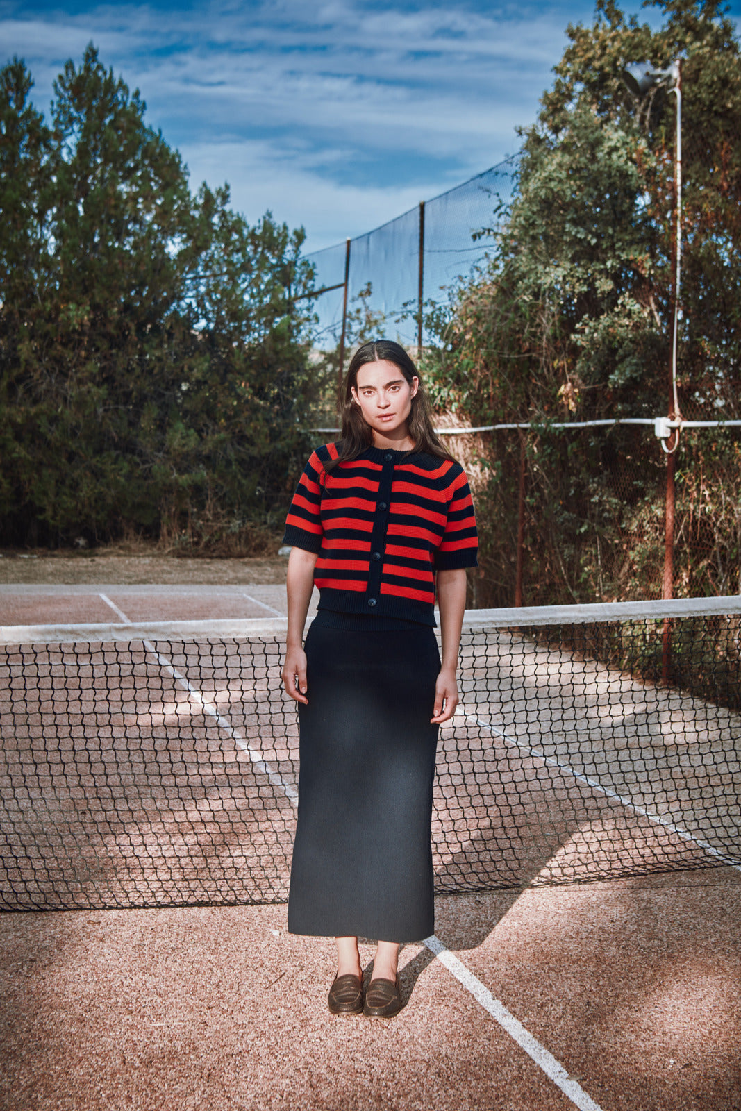 L'Envers - CLARISSE short-sleeve Cardigan Cotton - Navy Blue and Red stripes