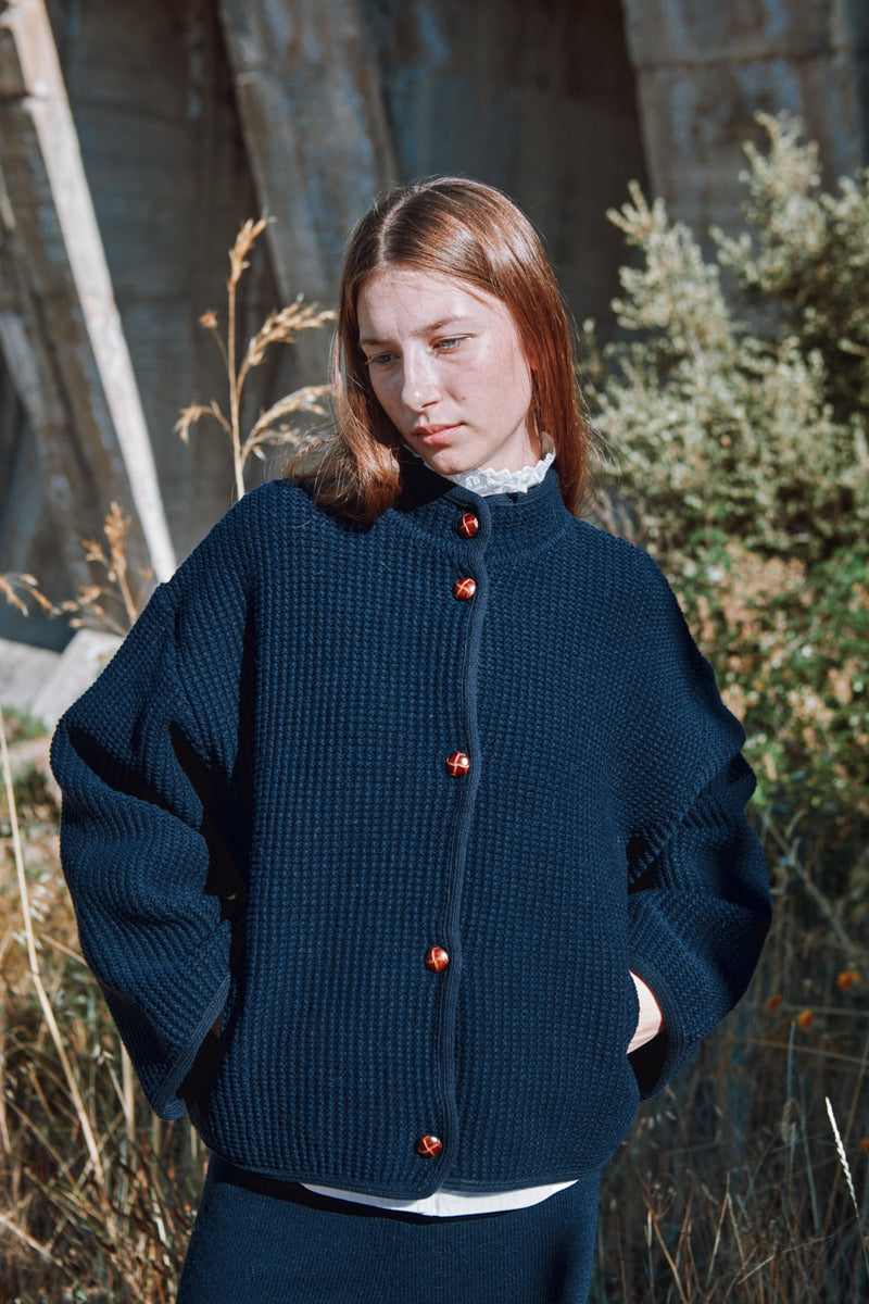 DELPHINE Bell-Sleeve Knit Jacket in Merino Wool - Navy