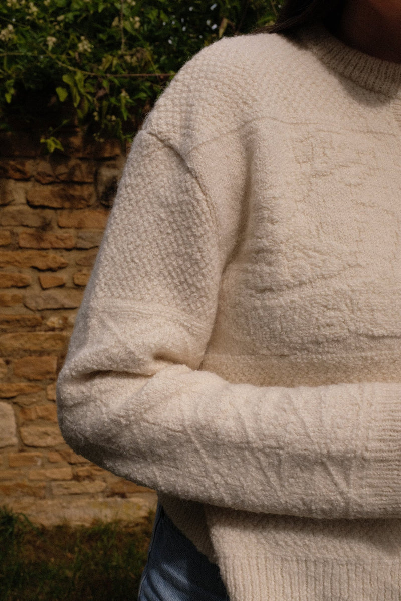 Athena Cardigan in ivory alpaca showcasing textured details, embodying sustainable knitwear cardigan style.