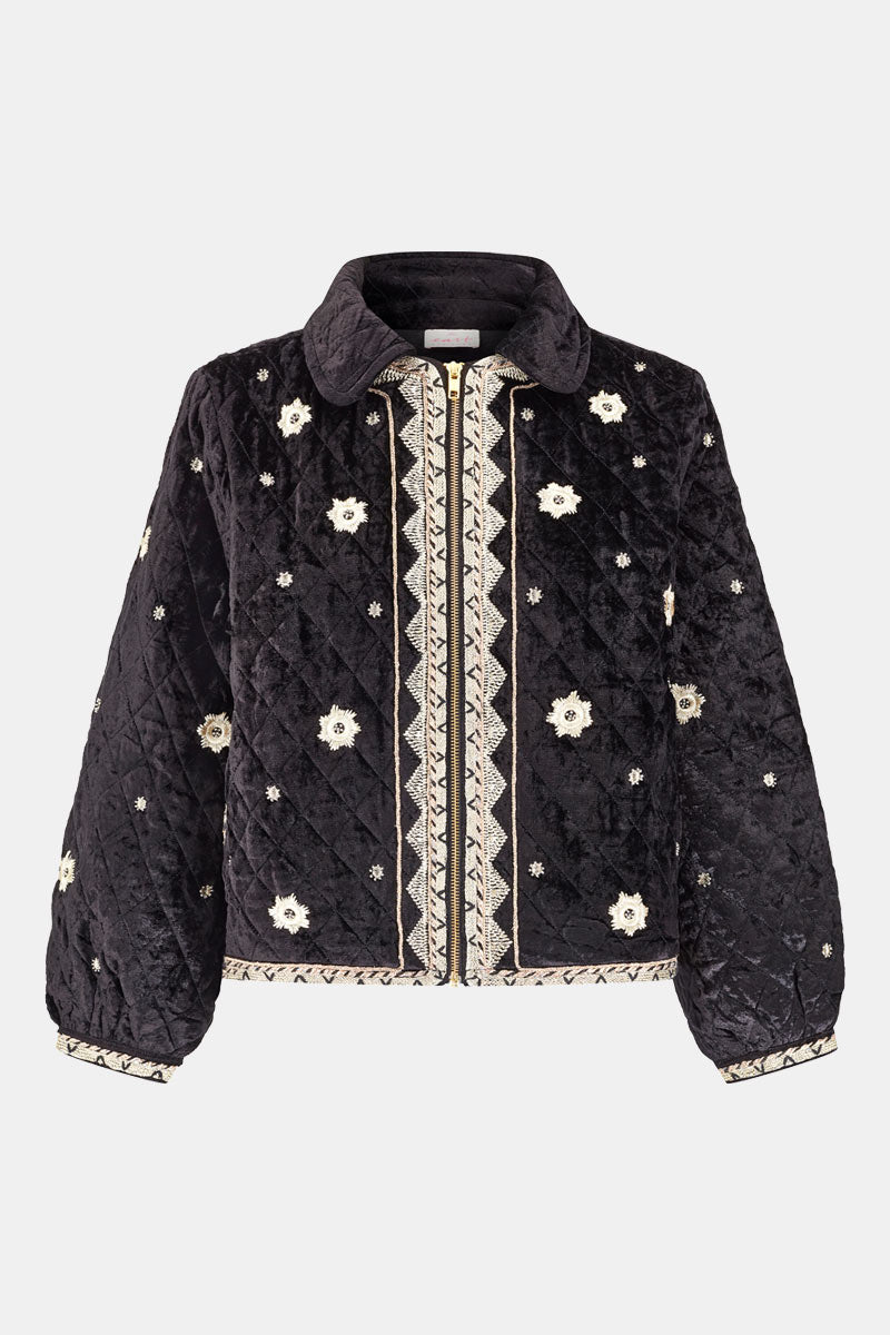 Front shot. Amande black velvet gold embroidered jacket. 