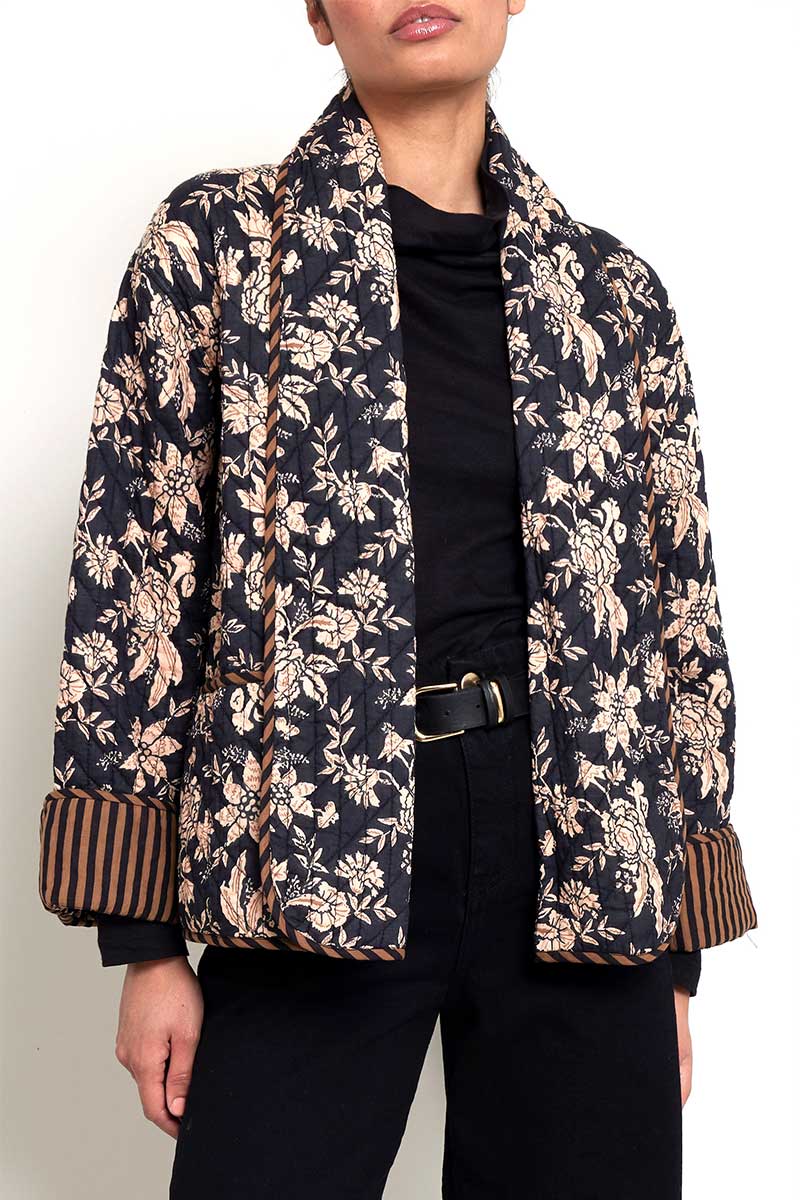 Model wears East Heritage Erin printed quilted jacket.