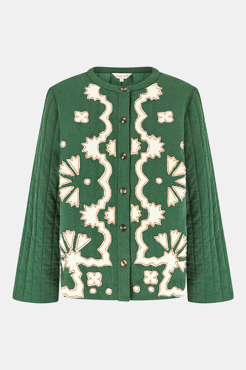 Front shot. EAST Jill green applique quilted jacket.