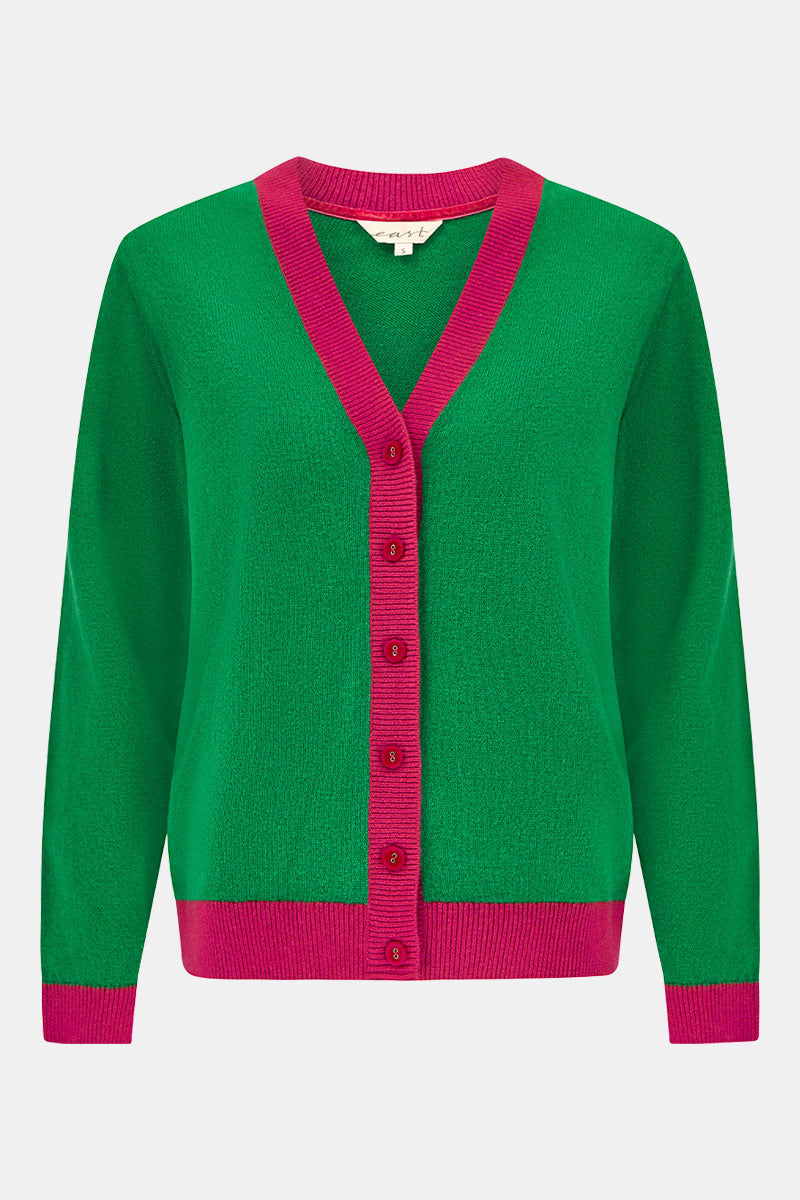 Front shot of EAST Kally Green and Pink Cashmere Button Cardigan