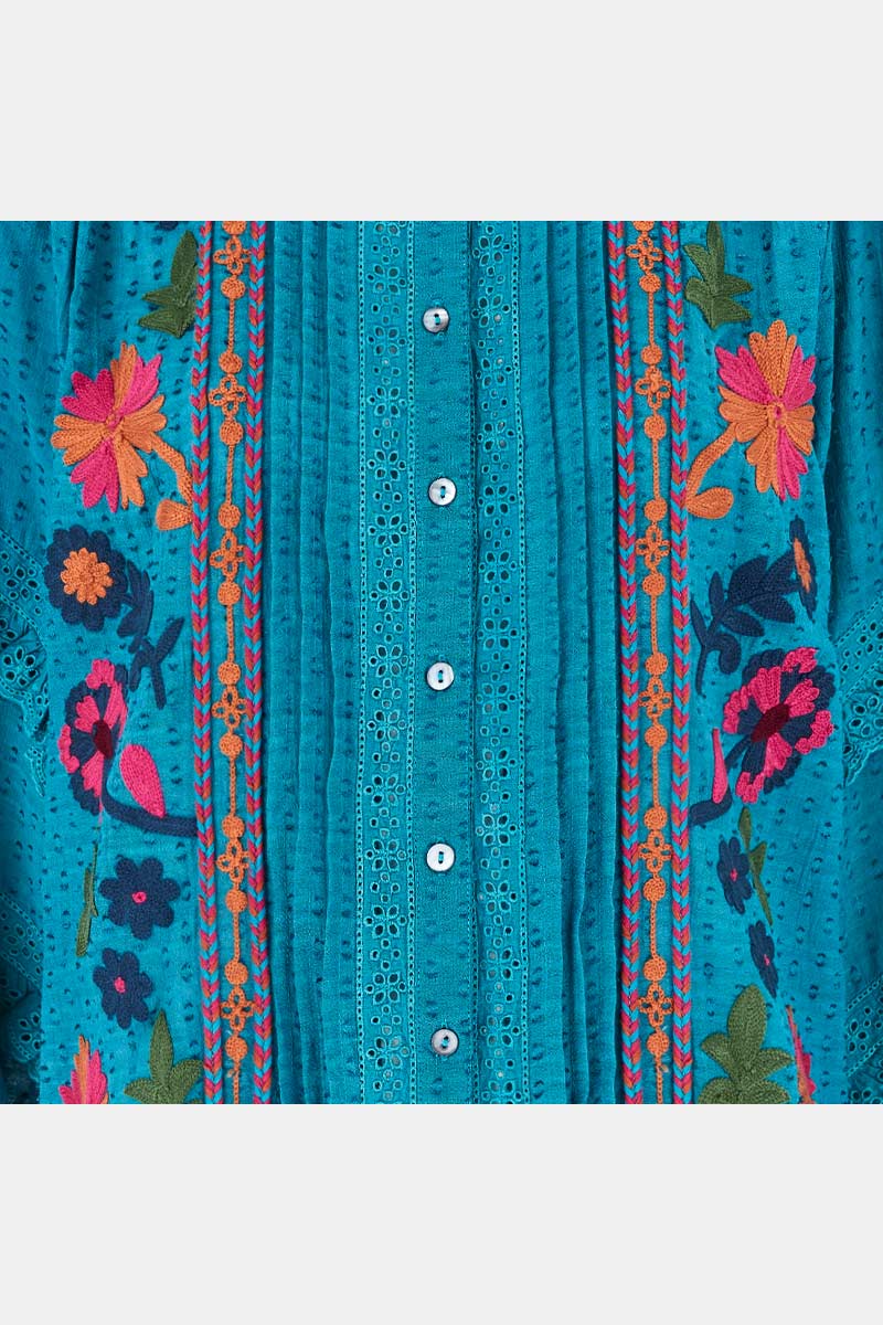 Detail shot. East Keoni Blue Embroidered Blouse.