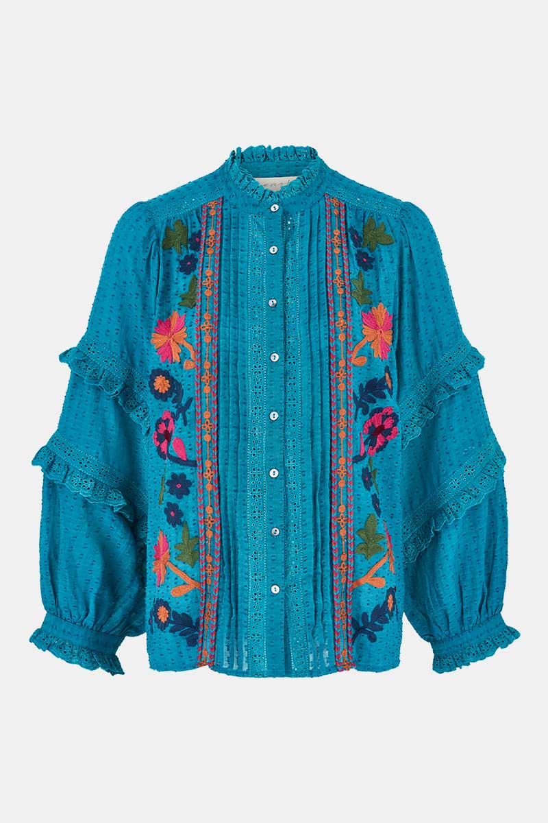 Front shot. East Keoni Blue Embroidered Blouse.