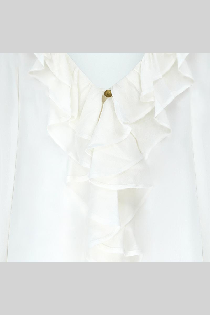 Detail shot of East Heritage White Nuan Ruffle top