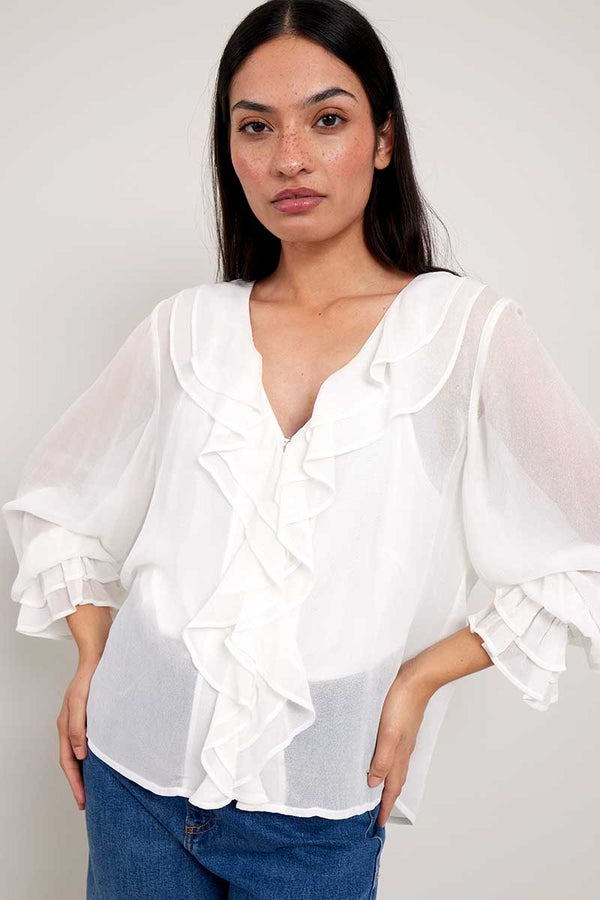 Model wears East Heritage Nuan White ruffle neck blouse.