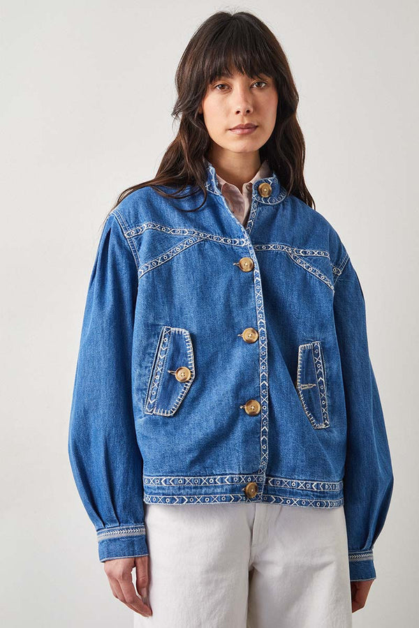 Renia Denim Embroidered Bomber Jacket