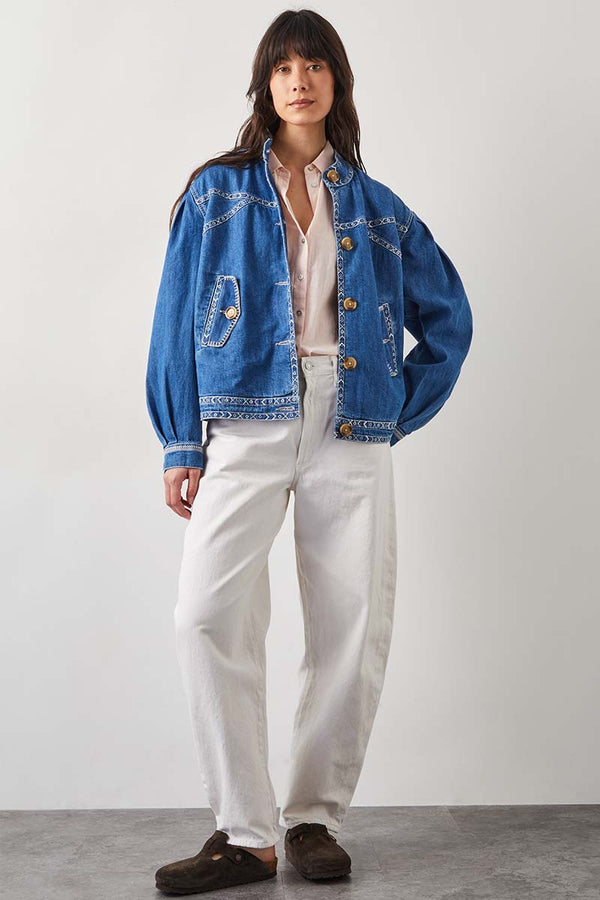 Renia Denim Embroidered Bomber Jacket