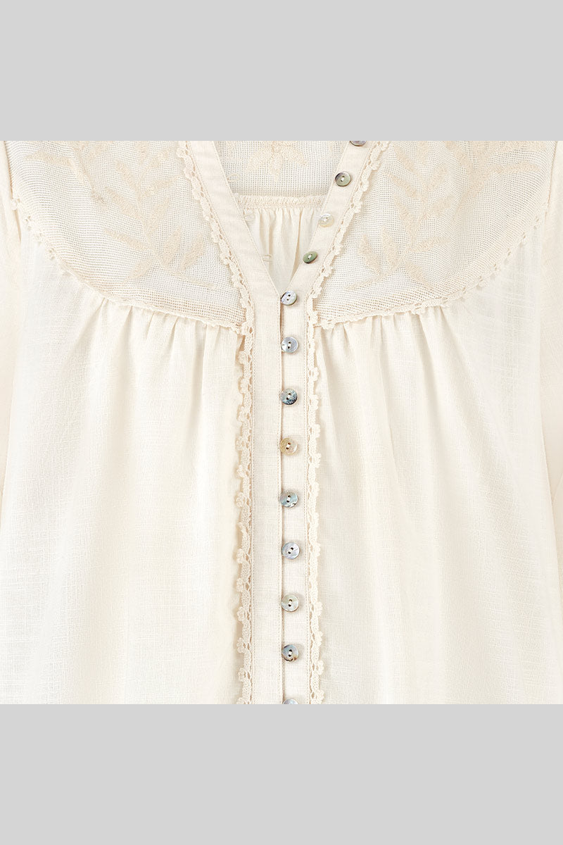 Detail shot. EAST Theia Ivory Embroidered Mesh button through Top 