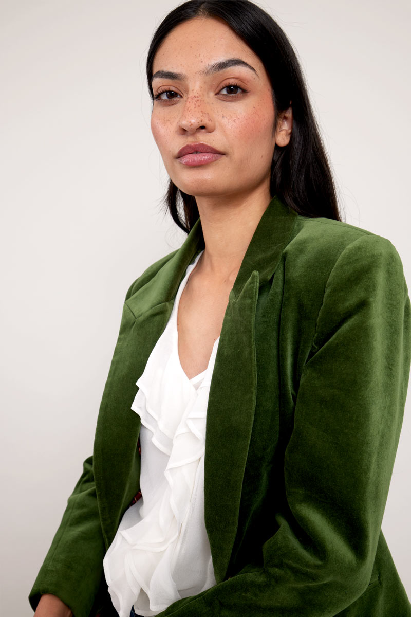 Model wears East Heritage Velaris Green Blazer