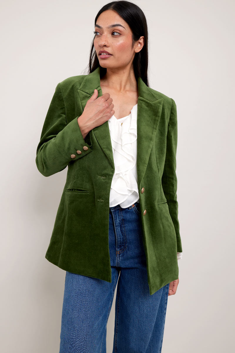 Model wears East Heritage Velaris Green Blazer