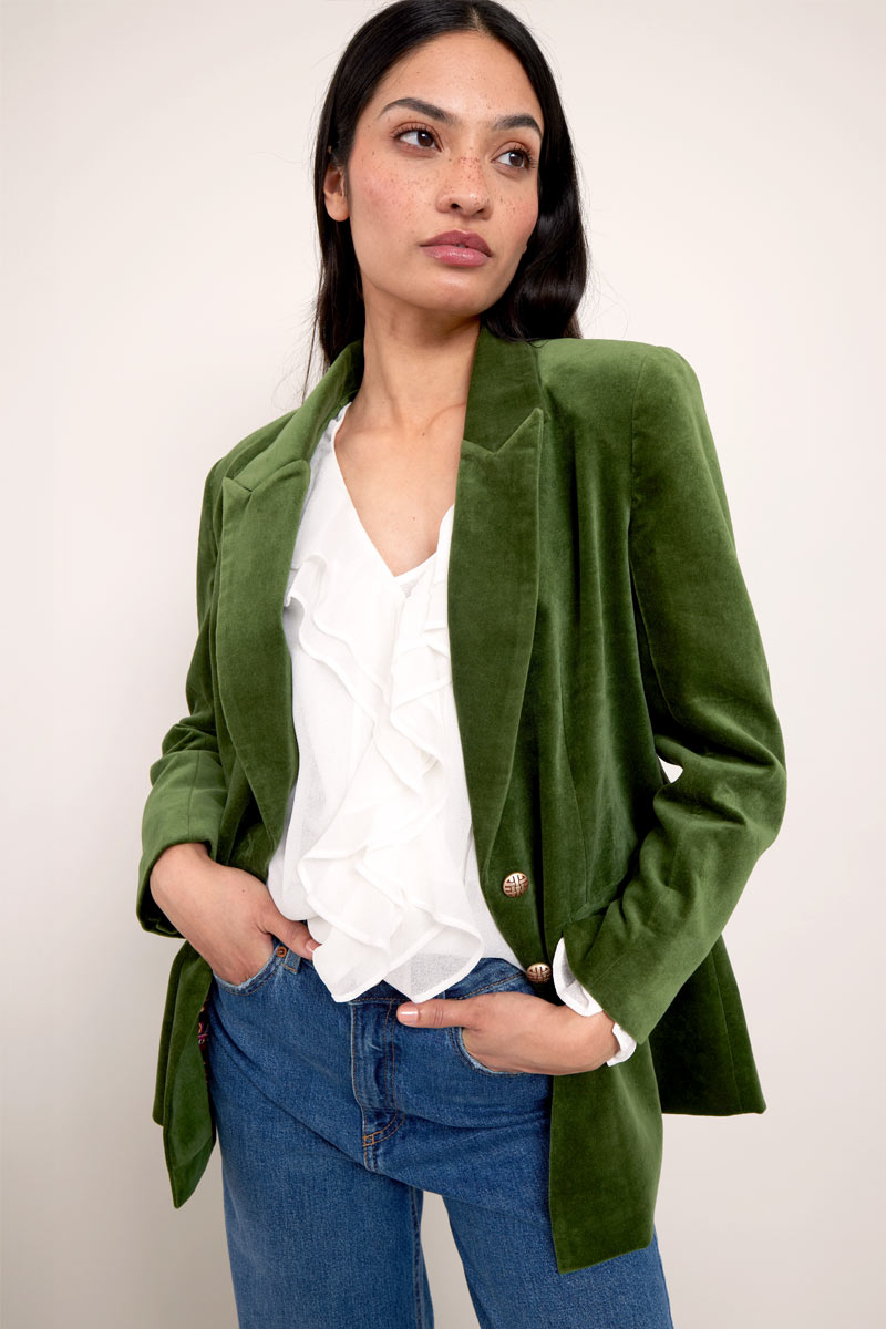 Model wears East Heritage Velaris Green Blazer