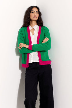 Model wears EAST Kally Green and Pink Cashmere Button Cardigan