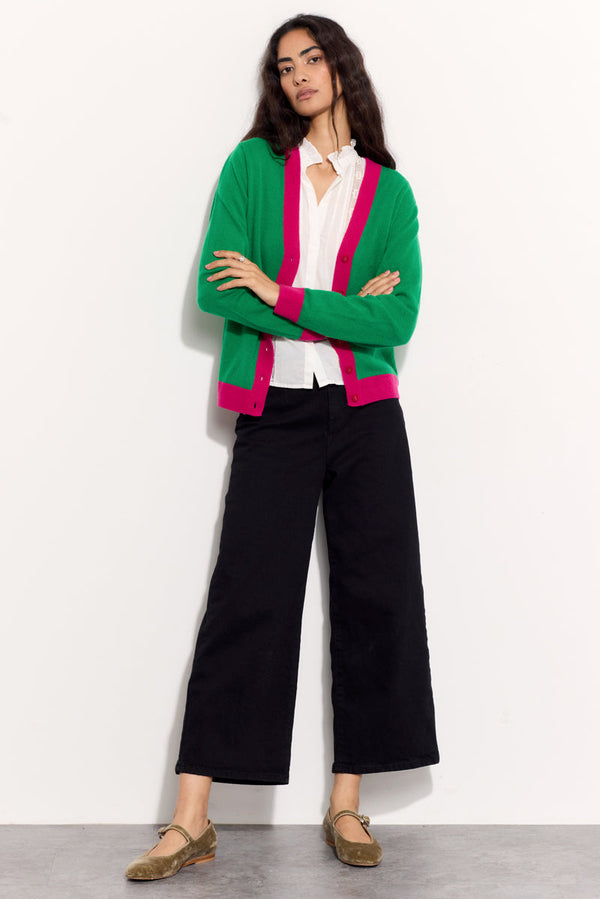 Model wears EAST Kally Green and Pink Cashmere Button Cardigan