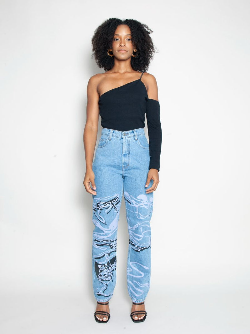 Women's High Waist Blue Jeans | Floral Print | Sustainable | Fanfare