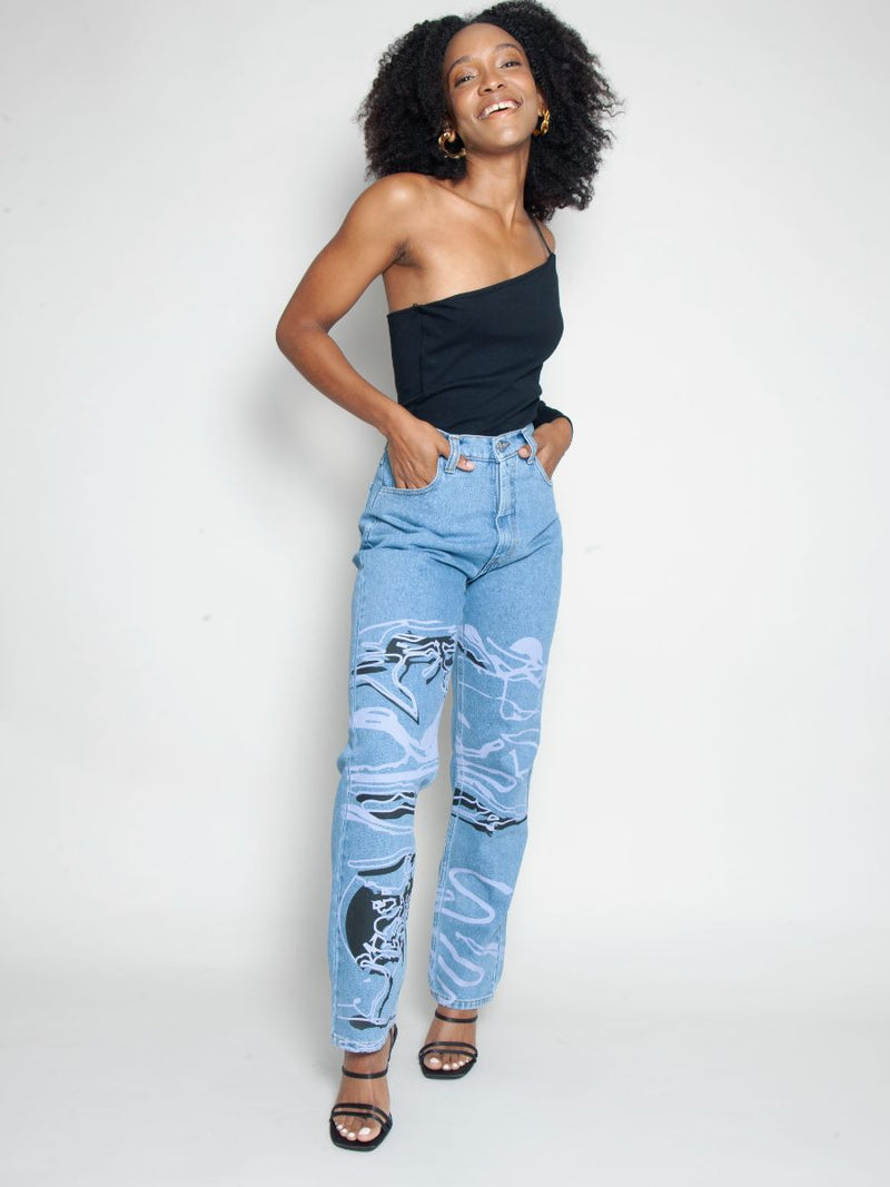 Women's High Waist Blue Jeans | Floral Print | Sustainable | Fanfare