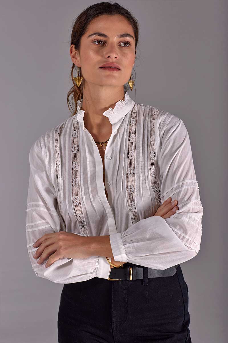 Model wears East Heritage Aashi White Blouse