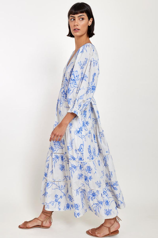 Model wears East Heritage Baylie Floral Organic Cotton Dress