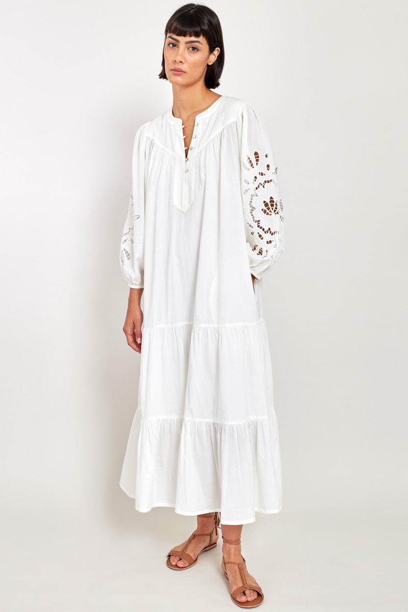 Model wears East Heritage Bridget White Organic Cotton Embroidered Dress without belt tie