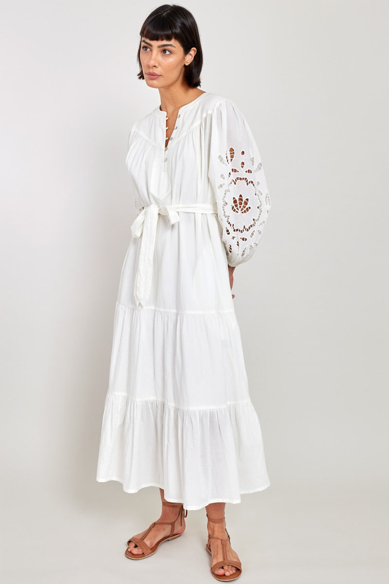 Model wears East Heritage Bridget White Organic Cotton Embroidered Dress