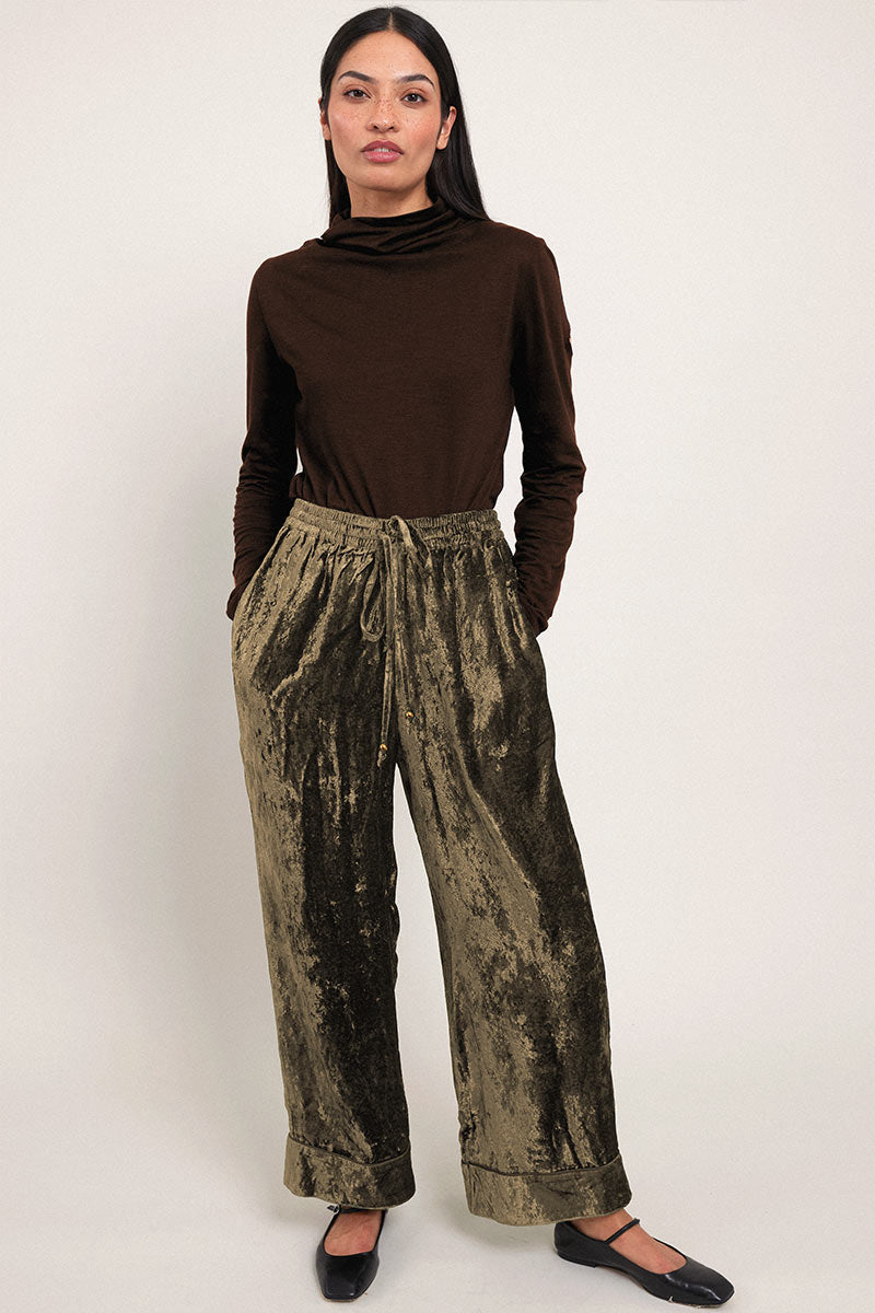 Delphine Green Velvet Wide Leg Trousers