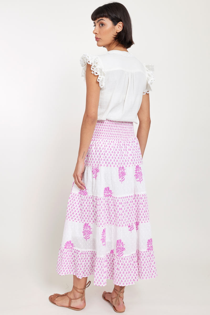 Back view of model wearing East Heritage Gigi White Cotton Tiered Skirt