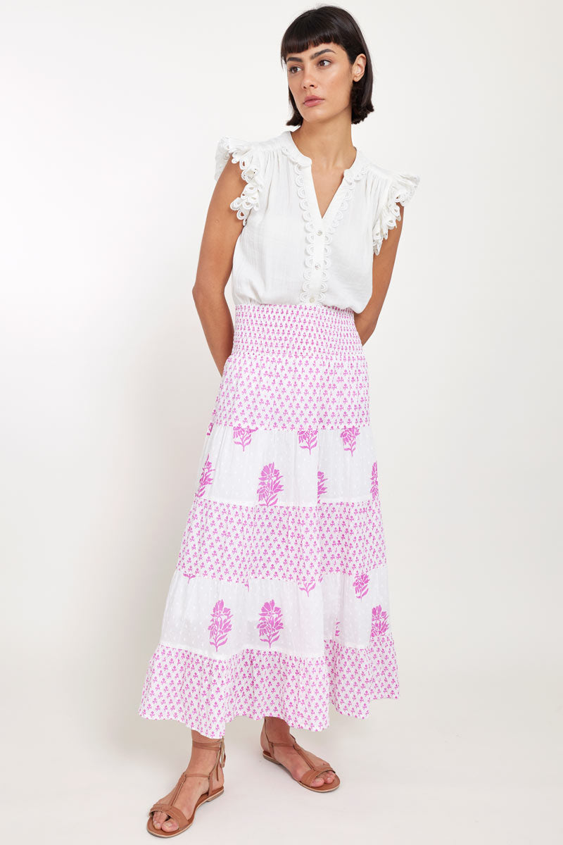 Model wearing East Heritage Gigi White Cotton Tiered Skirt