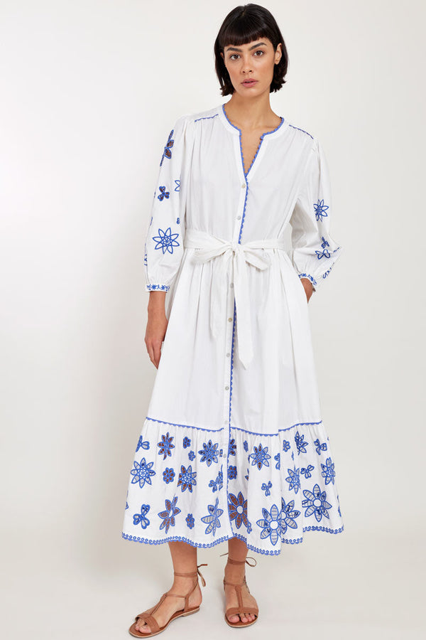 Model wearing East Heritage Harlow White Organic Cotton Embroidered Dress