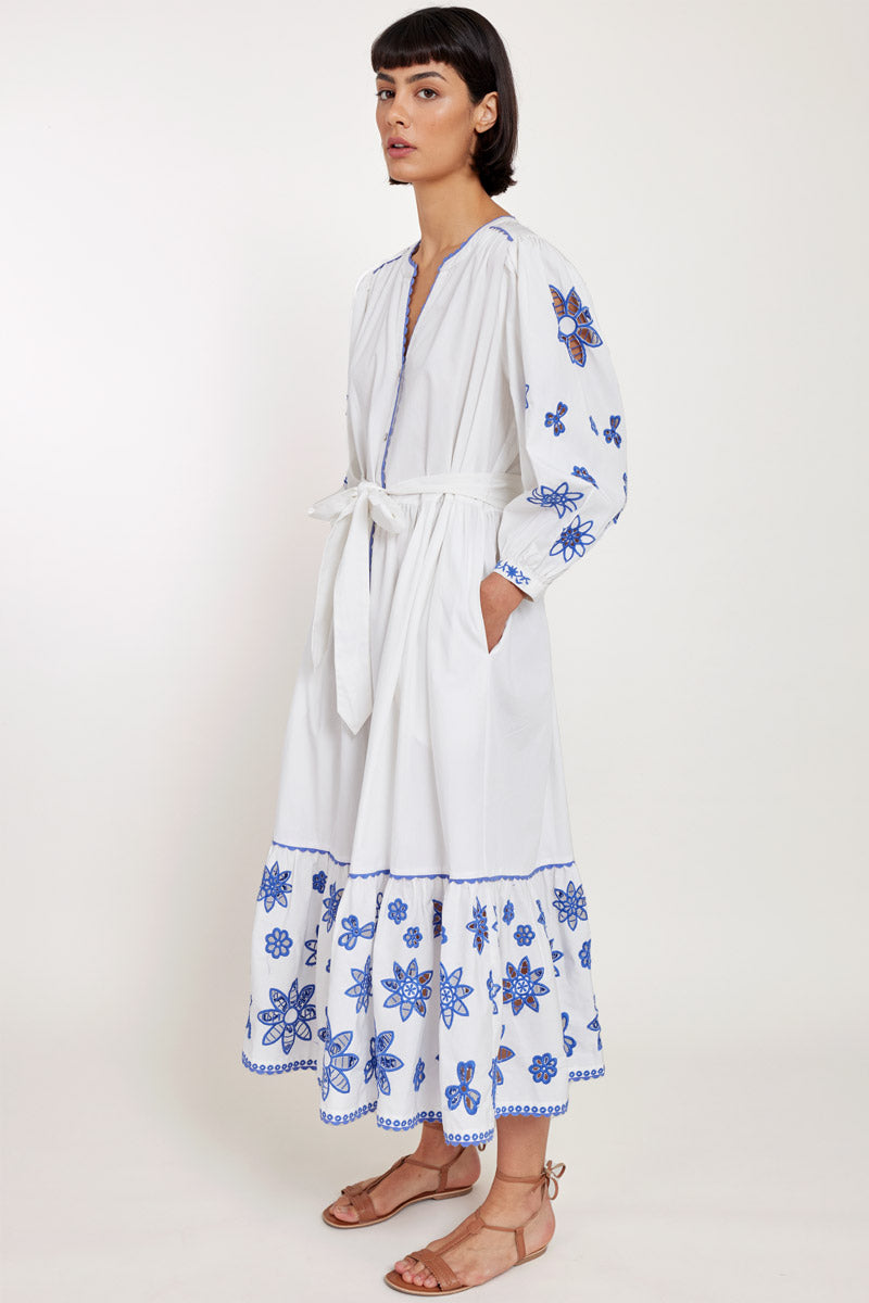 Model wears East Heritage Harlow White Organic Cotton Embroidered Dress