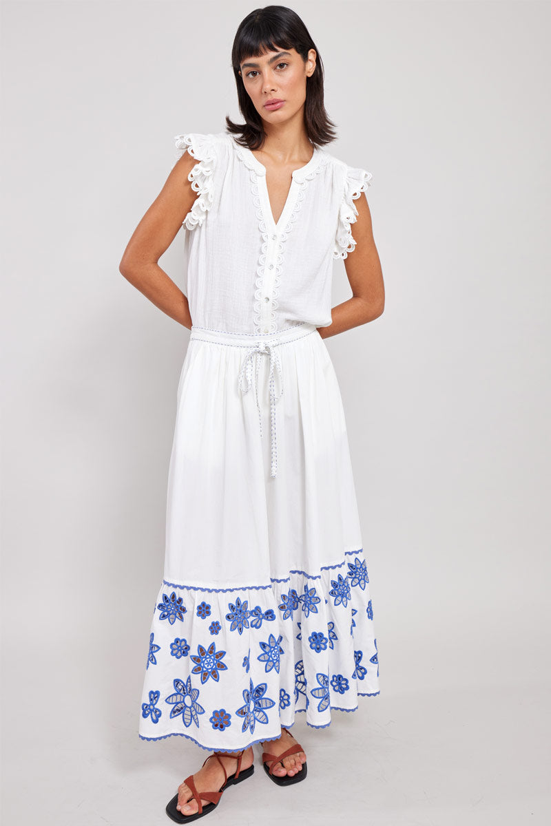 Model wearing East Heritage Harlow White Organic Cotton Skirt