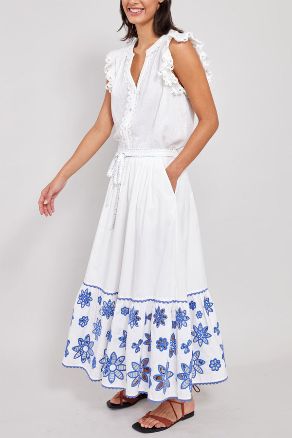 Side view of model wearing East Heritage Harlow White Organic Cotton Skirt